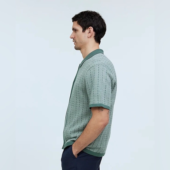 Madewell Men’s Button-Up Sweater Polo Shirt Plaid Stripe in Shaded Grove - Picture 2 of 8
